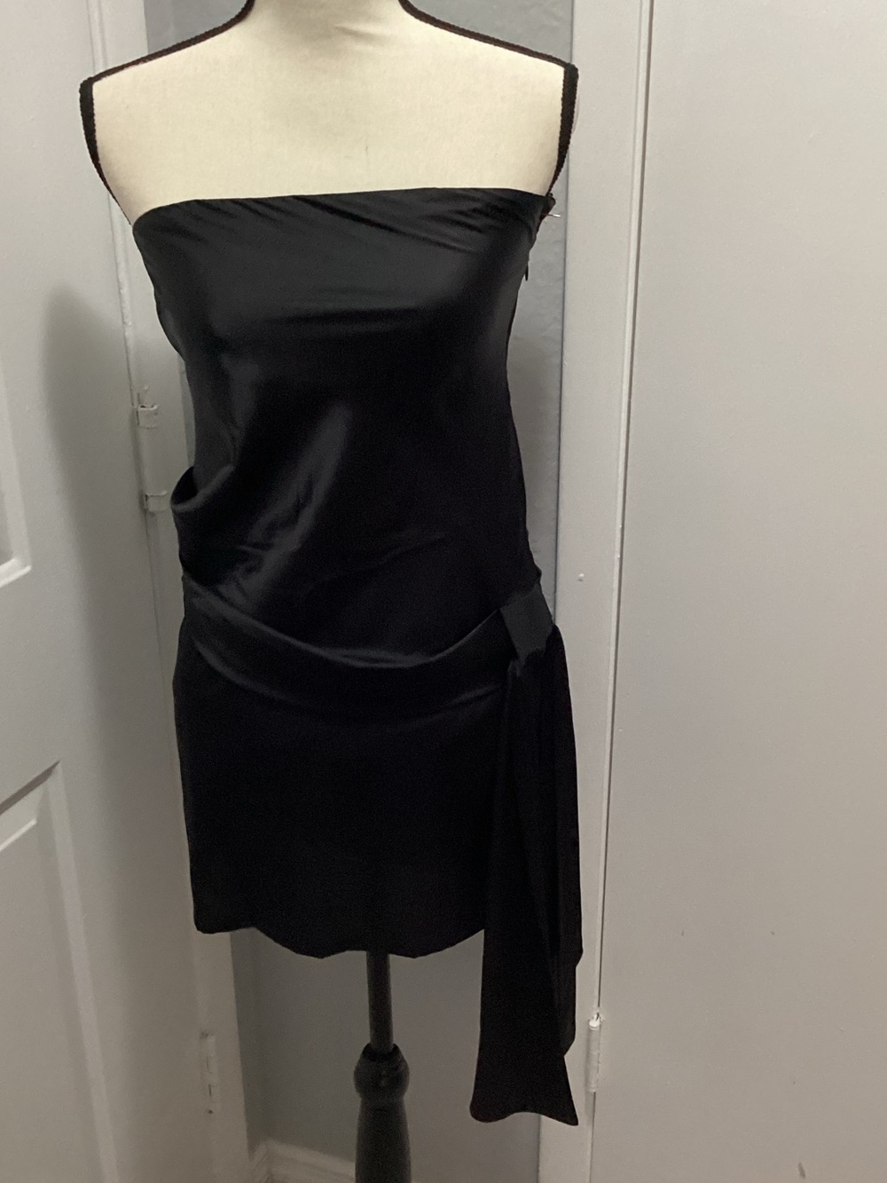 Lavender Brown Strapless Black Satin Mini Dress
